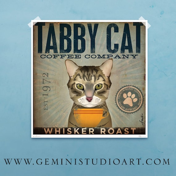 Tabby Cat Coffee Company Illustration Signed Artists Print by