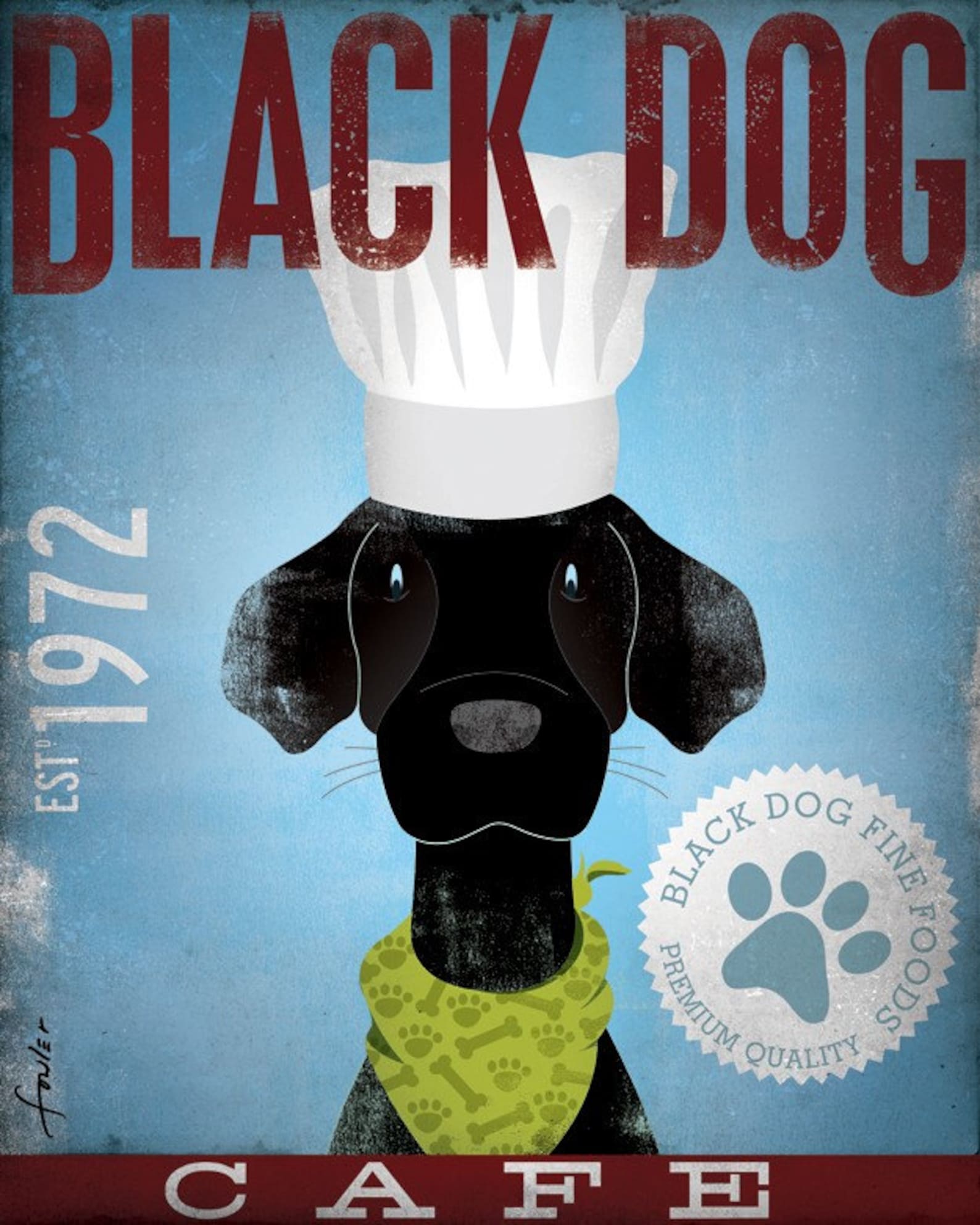 Black Dog Cafe original graphic art illustration hand