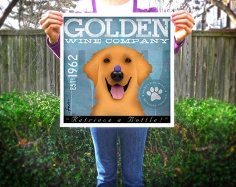 May include: A vintage-style poster for Golden Wine Company, featuring a cartoon golden retriever with a blue nose and tongue sticking out. The poster has a blue background with white text that reads "Golden Wine Company", "Est. 1962", "Select Fine Wines Retriever Approved", and "Retrieve a Bottle!"