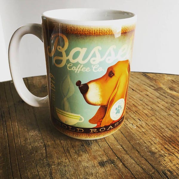 Basset Hound dog Coffee company graphic art MUG 15 oz ceramic coffee mug