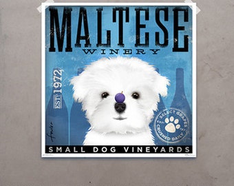 Maltese Winery dog artwork original graphic illustration signed archival artists print giclee by stephen fowler Pick A Size