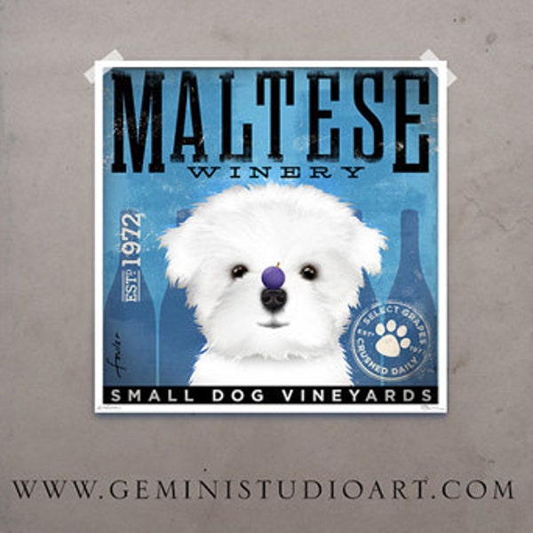 Maltese Winery dog artwork original graphic illustration signed archival artists print giclee by stephen fowler Pick A Size