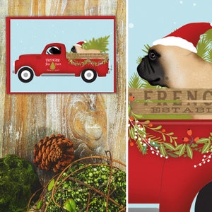 frenchie, buldog francuski, pies, ciężarówka, czerwona zabytkowa ciężarówka, farma drzew, kartki świąteczne z życzeniami autorstwa Stephena Fowlera, zestaw 12 sztuk na Boże Narodzenie