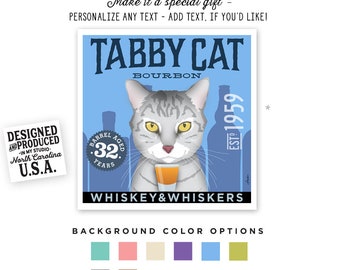 CAT tabby, grey, feline,, gray,  tabby, bourbon, whisky, distillery, whiskey, UNFRAMED, bar art