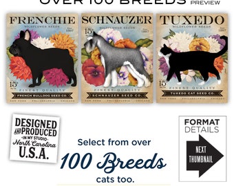 seed packet art, flowers, floral, garden, dog, cat, illustration, wall art, CANVAS, or, print, or mug 3 formats