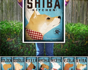 Shiba Inu Dog Kitchen artwork chef cooking dog illustration in graphic art giclee signed artists print by Stephen Fowler