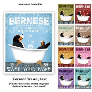 May include: A vintage-style illustration of a Bernese Mountain Dog taking a bath in a white bathtub with gold feet. The dog is black and white with brown markings. The illustration is surrounded by a decorative border and includes the text "Bernese Mountain Dog & Co. Bath Soap" and "Established 1959 Wash Your Paws".
