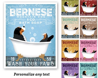 Bernese mountain dog, berner, dog, bubble bath, clawfoot tub, soap, bath art, UNFRAMED, print, personalized gift