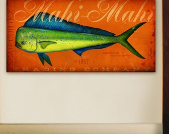 unmounted 24x28 Mahi Mahi trading company Dorado fish illustraton on unmounted canvas 24 x 48