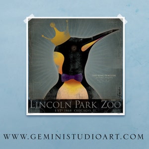 The King Penguin Lincoln Park Zoo Chicago vintage style artwork giclee print by stephen fowler