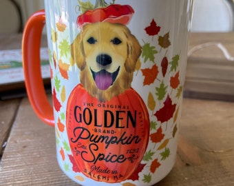 golden, retriever, mug, dog, pumpkin, spice, latte, coffee, dog art, october, fall, autumn, tyopgraphy MUG, repeats both sides