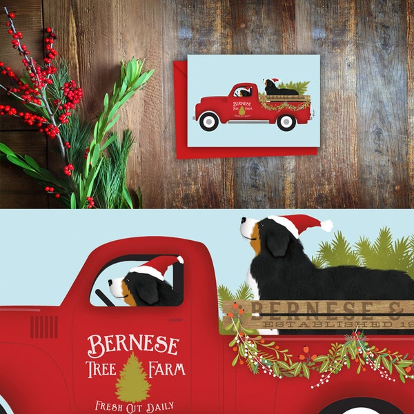 Bernese Mountain Dog, truck, red truck Berner tree farm Christmas Holiday Card greeting cards and envelopes Stephen Fowler Christmas 12 pack