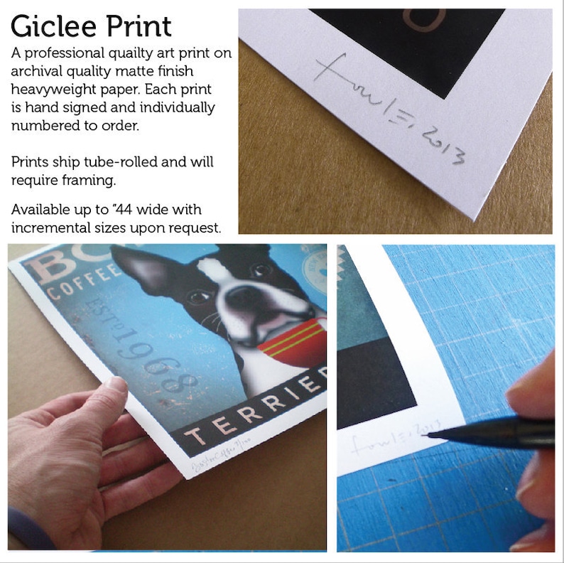 May include: A giclee print of a Boston Terrier dog with a red collar and a blue background. The print is signed and dated "~/7/2013".