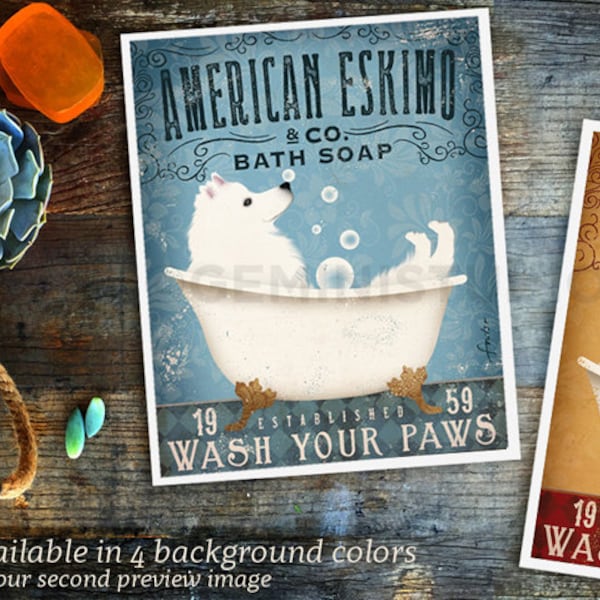 Jabón de baño con diseño de perro esquimal americano: Impresión giclée de estilo vintage