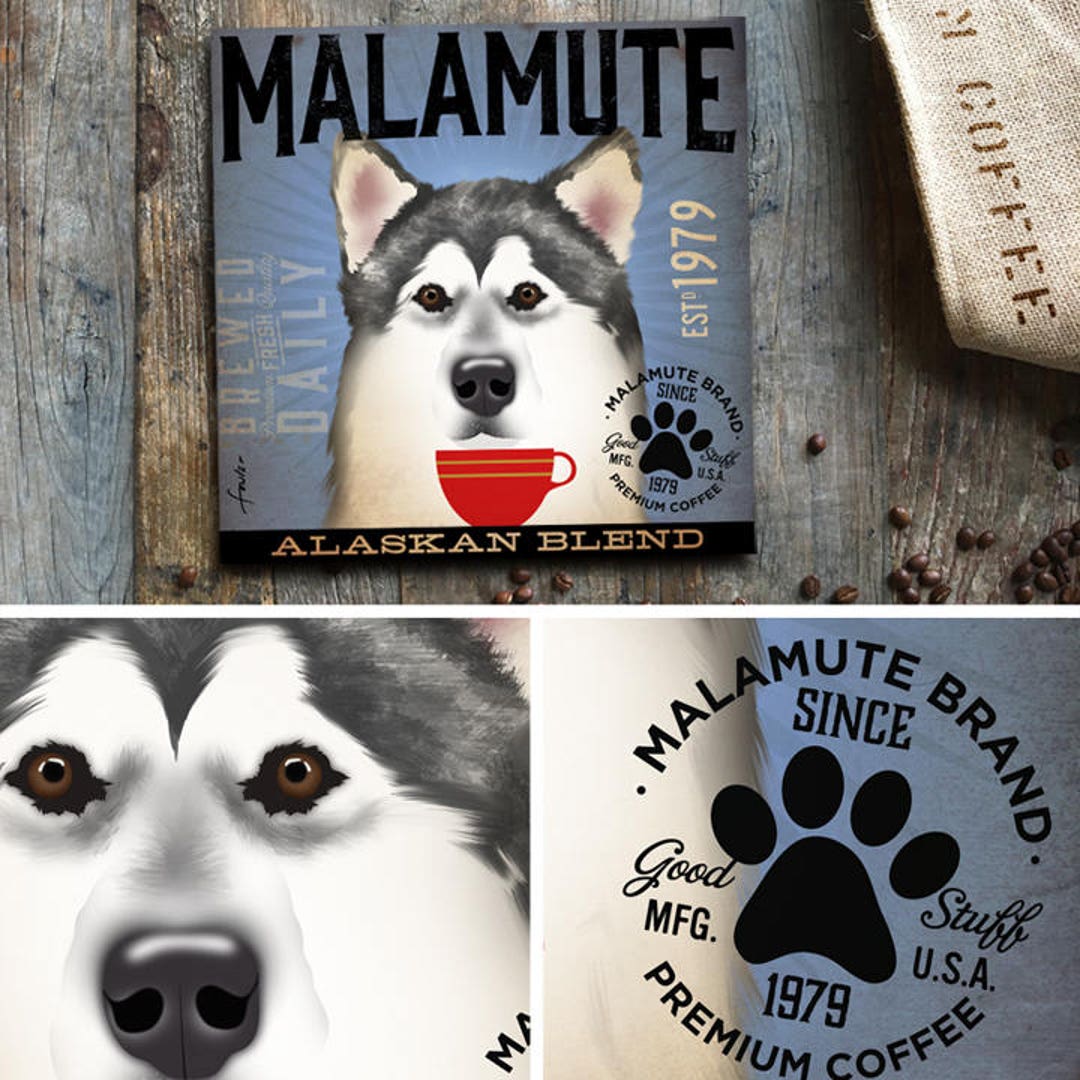 Alaskan Malamute Coffee Dog Company Illustration Graphic Art Etsy