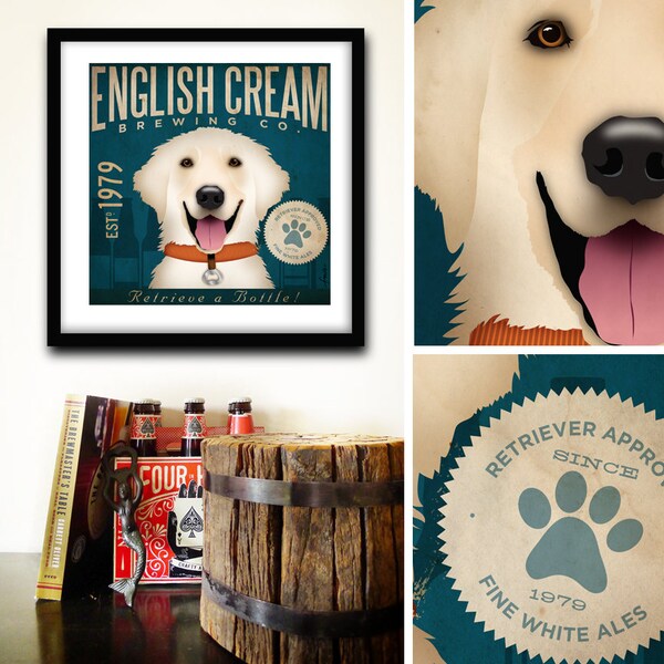 English Cream Golden Retriever Brewing Company UNFRAMED graphic illustration giclee archival signed artist's print