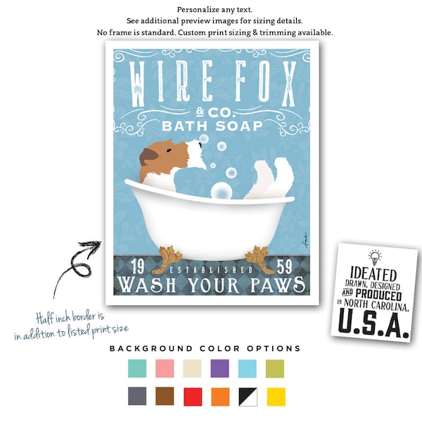 wirefox, wire fox, bath, dog, bath art, dog art, bathroom, soap, bubble, clawfoot tub, art, illustration UNFRAMED print