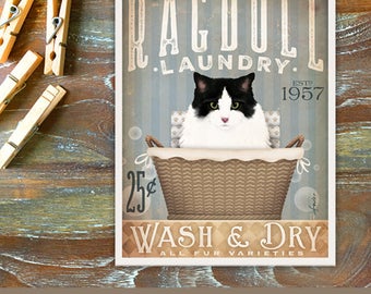 Ragdoll Cat laundry basket company laundry room artwork UNFRAMED signed artists print by stephen fowler geministudio