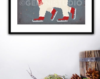 May include: Framed art print featuring a white dog wearing a red scarf and ice skates. The text "PEACE. LOVE. JOY." is at the top. The artwork has a vintage style with a blue-gray background and is displayed in a black frame.