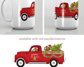 basset hound, dog,, red truck, tree farm, christmas, holidays, red handle, MUG, coffee mug,