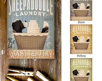 Sheepadoodle dog Laundry Company basket illustration graphic art on canvas by stephen fowler