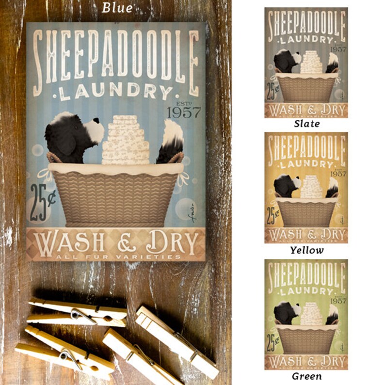 Sheepadoodle dog Laundry Company basket illustration graphic Etsy