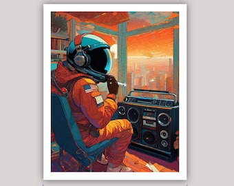 astronaut, spacesuit, dj, music, soundboard, futuristic, space, boom box, music producer, art, illustration UNFRAMED print