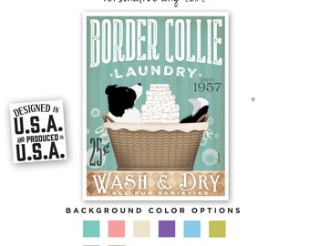 border collie, laundry, basket, laundry room, wash, dry, fold, bubble, soap, towels, UNFRAMED, print, personalized gift