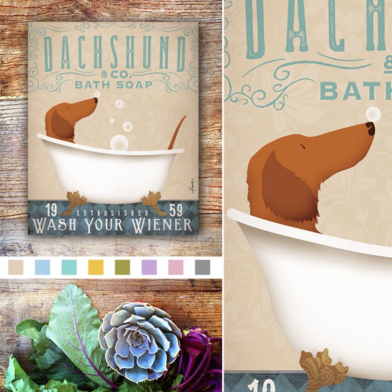 bath soap bath tub longhaired dachshund clawfoot wash your wiener long dog bath bath art bubbles CANVAS