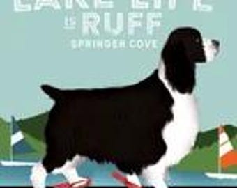 springer, dog, lake, lake life, sandals, lake house, art, illustration, unframed print
