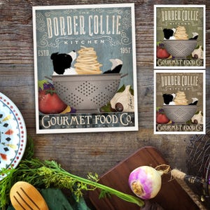 Border Collie Dog Kitchen artwork chef cooking dog illustration in graphic art giclee signed artists print by Stephen Fowler