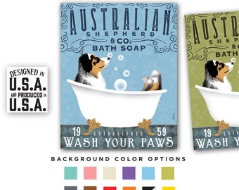 australian shepherd, dog, aussie, bath, tub, clawfoot, bubble, bubbles, soap, wash your paws, CANVAS, fowler, personalized gift