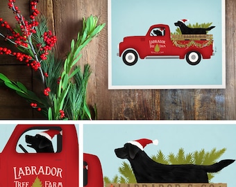 Labrador Retriever Hund black lab Baum Bauernhof roter LKW Weihnachtsfeiertags giclee UNGERAHMT Druck von Stephen Fowler