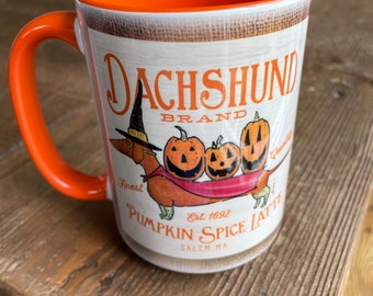 Dachshund dog Coffee witch pumpkin spice latte october fall halloween mug