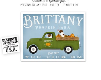 Brittany, spaniel, art, artwork, dog, pumpkin, farm, truck, october, autumn, fall, decor, UNFRAMED, print, border adds
