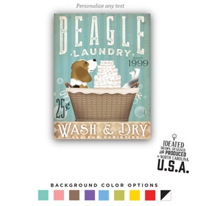 Beagle dog Laundry, room, Company basket illustration graphic art on CANVAS, personalized gift, by stephen fowler