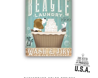 Beagle dog Laundry, room, Company basket illustration graphic art on CANVAS, personalized gift, by stephen fowler