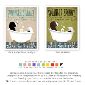 May include: A vintage-style illustration of two Springer Spaniel dogs in a bathtub with bubbles. The text reads "Springer Spaniel & Co. Bath Soap" and "Established 1959 Wash Your Paws". The image is available in black and white on antique or liver on green.