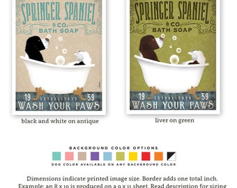 springer spaniel, perro, baño, bañera con patas, baño de burbujas, jabón, SIN MARCO, impresión, regalo personalizado