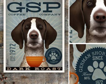 German Shorthaired Pointer GSP coffee company original graphic illustration giclee archival print by stephen fowler