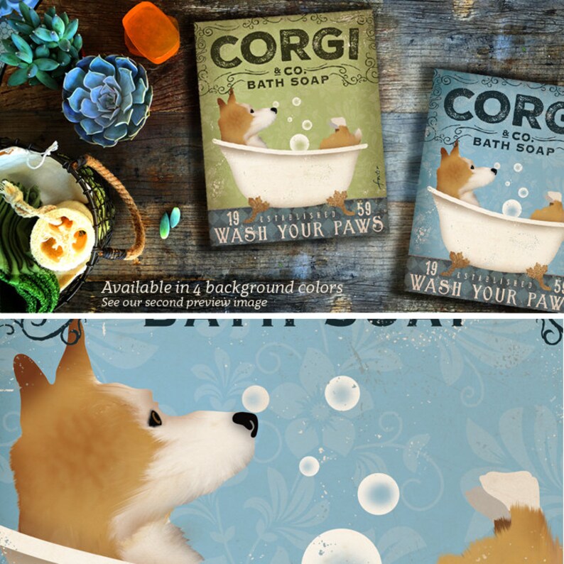 corgi, dog, bath, bathtub, clawfoot tub, soap, bubble bath, powder room, CANVAS, art, personalized gift image 3