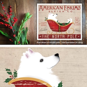 eskie, american eskimo, dog, sleigh, sleigh rides, christmas, winter, holiday, dog, dog art, UNFRAMED, print