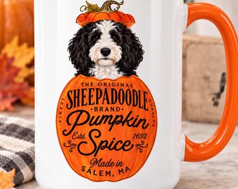 sheepadoodle, mug, dog pumpkin, spice, latte, coffee, dog art, october, fall, autumn, tyopgraphy MUG, repeats both sides