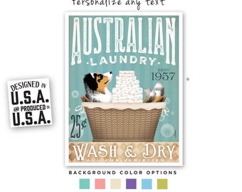 Australian, Shepherd, aussie, dog, laundry, basket, wash, dry, fold, towels, UNFRAMED, print, personalized gift, border adds 1 inch