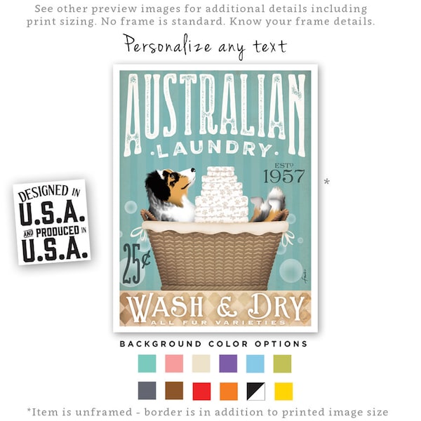 Australian, Shepherd, aussie, dog, laundry, basket, wash, dry, fold, towels, UNFRAMED, print, personalized gift, border adds 1 inch