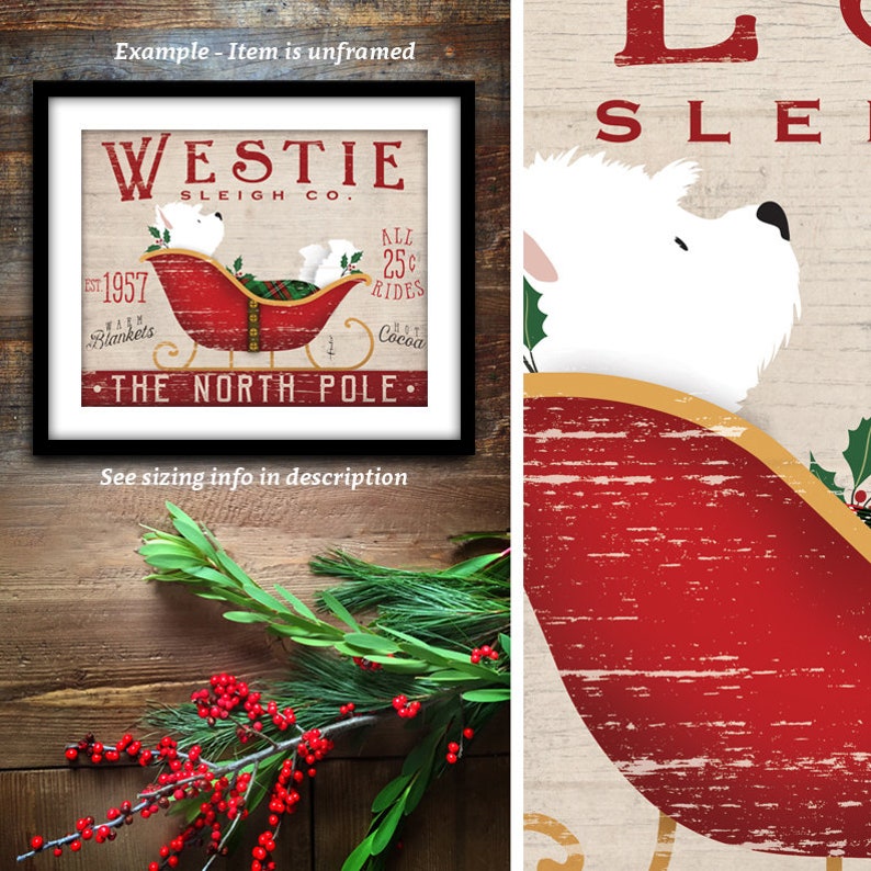 dog print holiday west highland terrier sleigh dog art westie dog winter UNFRAMED sleigh rides christmas
