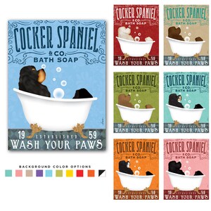 cocker spaniel, dog, bath, tub, clawfoot tub, bubble bath, soap, powder room, wash paws, CANVAS, personalized gift