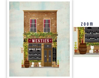 westie, west highland terrier, wine bar, storefront, cute shop, art, illustration, poster, print, unframed