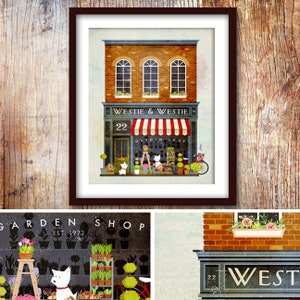 Westie West Highland terrier storefront dog flower shop graphic art UNFRAMED print by Stephen Fowler Pick A Size