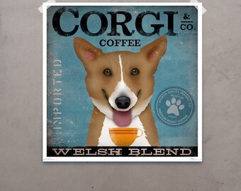 Welsh Corgi Coffee Company original graphic illustration giclee archival signed artist's print by Stephen Fowler PIck A Size